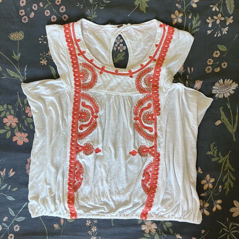 Free People white and coral embroidered top viscose